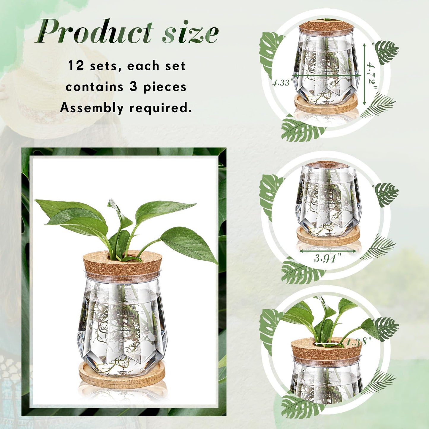 Baderke 12 Packs 4.7" Large Plastic Propagation Vases for Plants with Hole Lid and Bamboo Stand Growing in Water Hydroponic Home Office Desktop Vase Decoration