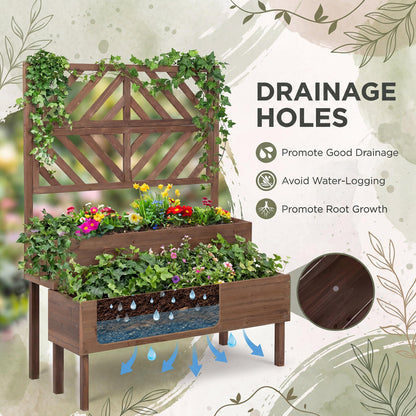 Giantex Raised Garden Bed with Trellis, 2-Tier Standing Planter Box with Legs and Drain Holes, Outdoor Elevated Garden Trellis for Vine Climbing, Flower Vegetable Fruit Herb Growing, Coffee Brown