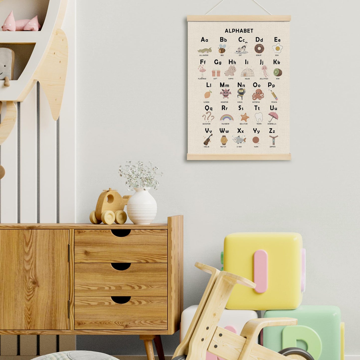 MOTERMATE Boho Alphabet Poster Hanger Frame, ABC Educational Wall Hanging Decor Art Framed for Toddlers Kids Room Playroom Nursery Classroom, Cartoon Alphabet Chart Wall Poster Prints, 12x16 Inch