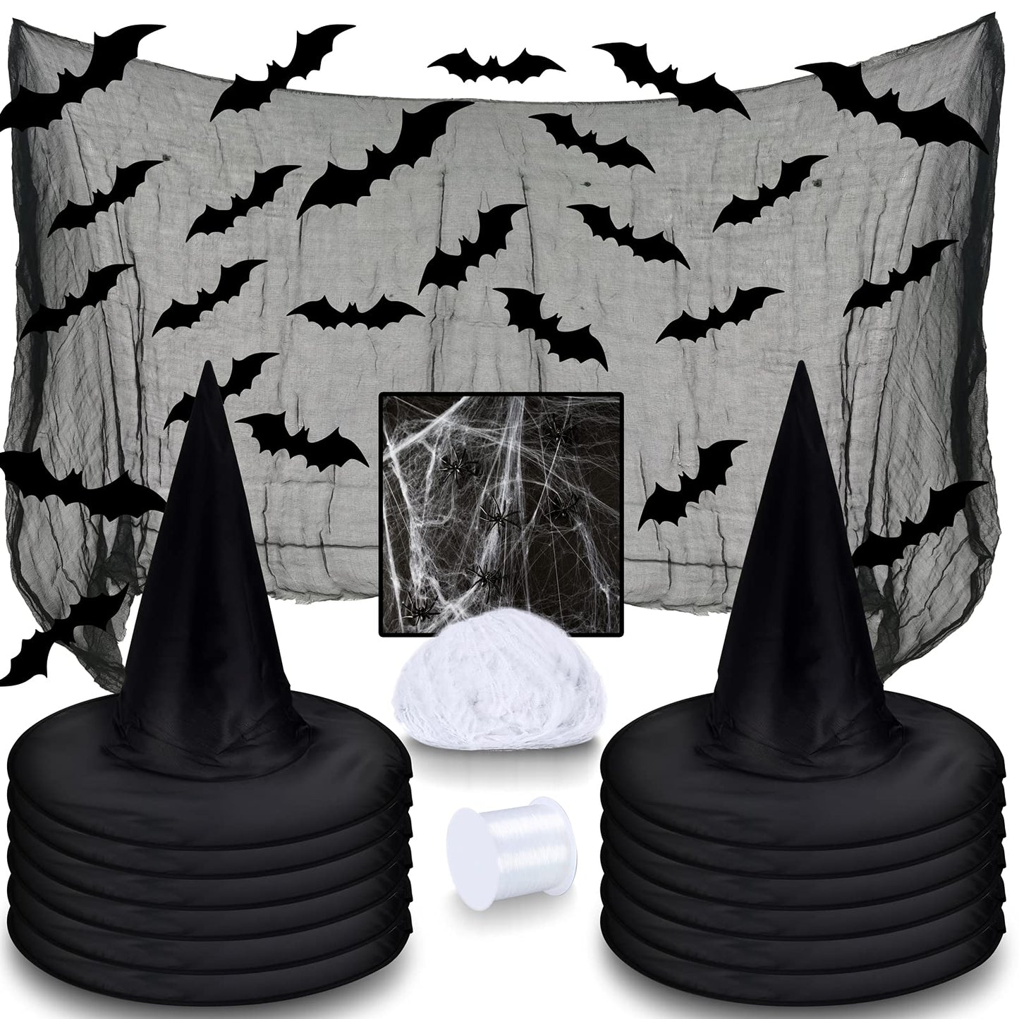 LINAYE Witch Hat XXL Kit - Halloween Decorations Including 12 PCS Black Witch Hats, 16 PCS 3D Bats, Spider Web, Creepy Cloth, Hanging Rope - Costume Headwear