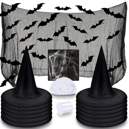 LINAYE Witch Hat XXL Kit - Halloween Decorations Including 12 PCS Black Witch Hats, 16 PCS 3D Bats, Spider Web, Creepy Cloth, Hanging Rope - Costume Headwear