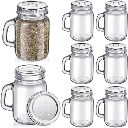 Tessco for you 6 Pcs 4 oz Glass Salt and Pepper Shakers Clear Mason Jar Mini Salt Shakers for Farmhouse Kitchen with Metal Lid and Handles for Kitchen Table Wedding Drinkware Home Accessories(Silver)