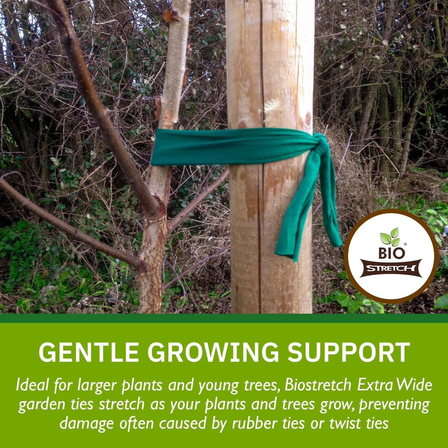 Bio-Stretch Extra Wide Soft Tree Ties - Strong & Stretchy Support for Large Plants & Young Trees - Cut-to-Length Green Garden Tape for Home & Professional Gardening (52 ft / 16M)