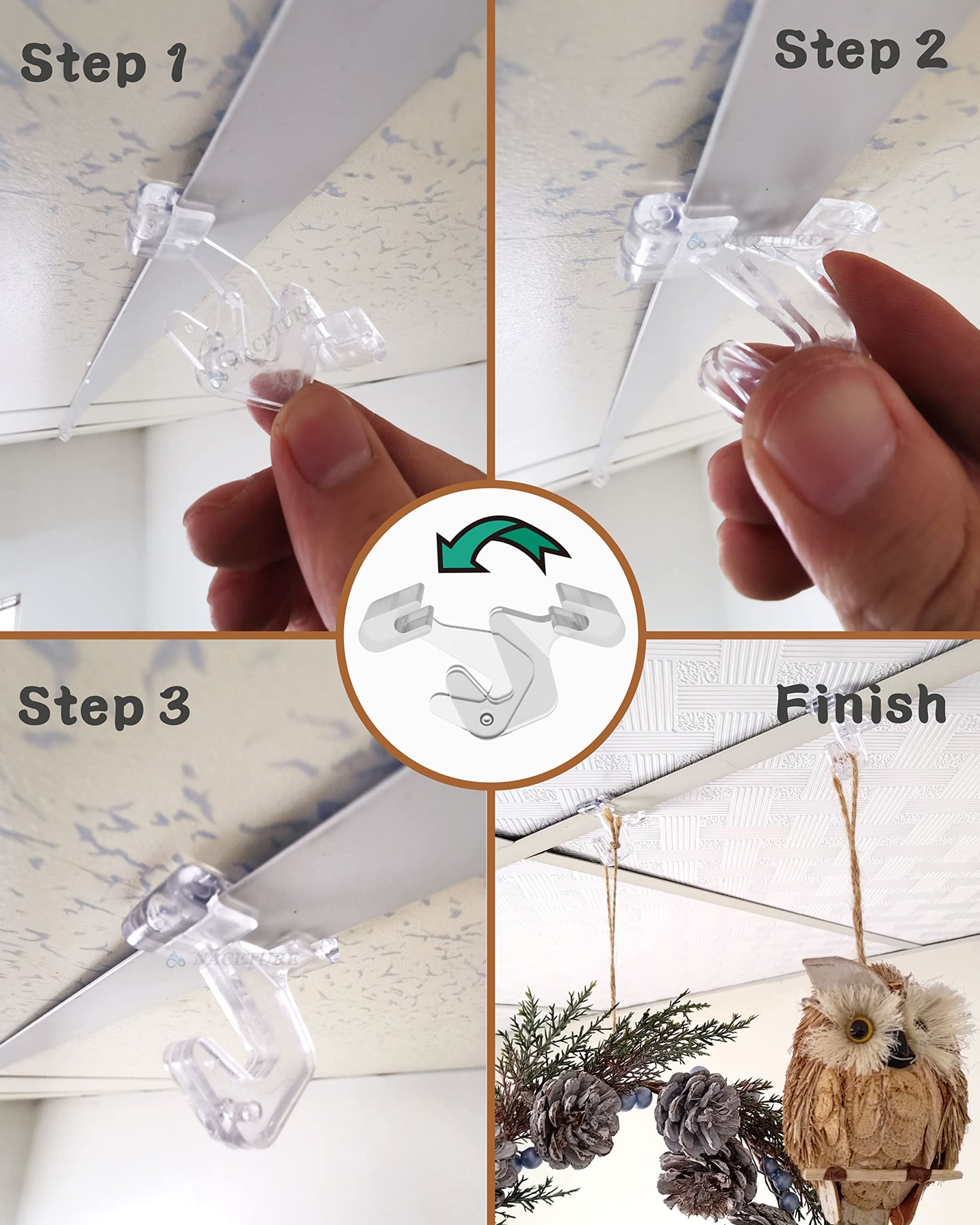 NACETURE 25 Pack Clear Drop Ceiling Hooks Classroom Decorations - Polycarbonate Ceiling Hanger Hooks for Hanging Track Clip on Suspended Ceiling Tile Grid for Office Home Stores Decorations
