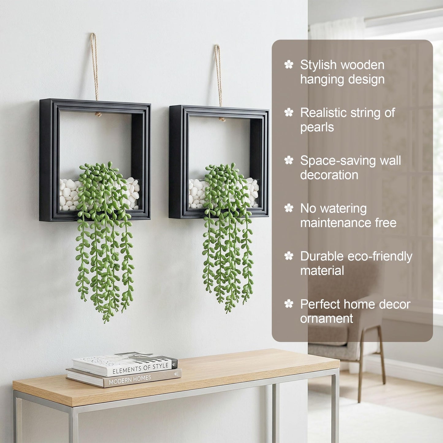 FancyPlus 2 Pack Fake Plants Hanging, Artificial Succulents Plants in Square Wooden Frame with LED Lights, Boho Wall Decor for Office Living Room Bathroom Bedroom Kitchen Indoor Outdoor, Black