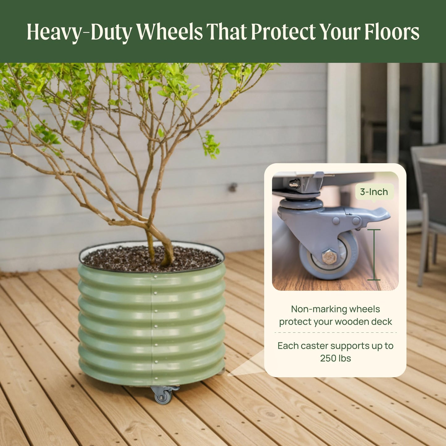 Rolling Metal Citrus Tree Planter Pot, 21″ Round Planter Box for Porch Patio & Backyard, 20 Gallon Large Planter Pot with Wheels for Growing Olive Trees Tomatoes Vegetables and Flowers, Olive Green