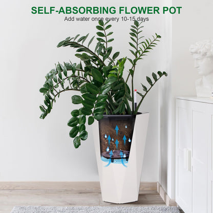 GarveeLife 22.5 in Tall Diamond Planters Set of 2, Self Watering Planters with Water Level Monitor, Flower Pots Outdoor and Indoor for Patio, Porch, Living Room, Home Office, White