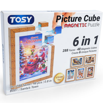 TOSY Picture Cube Santa’s Town: 6-in-1 Magnetic Picture Puzzle, 48 Blocks, 288 Faces/Magnets, 0.8 in, B001, Seamless UV Art, Display-Ready Frame, Collectible, STEM/STEAM Gift for Kids & Adults