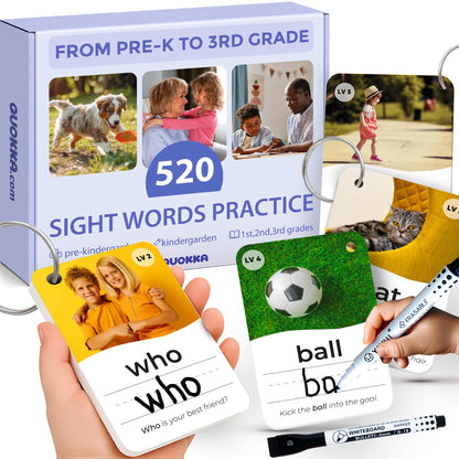 QUOKKA 520 Sight Words Flash Cards for Kids Adults – from Pre-K to 3rd Grade – 5 Levels & Bold Font & Jumbo Size & Dry Erase Cards with Realistic Images & Rings – Based on Dolch & Fry Word Lists