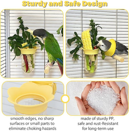 Bird Cage Feeder for Vegetable, Parrot Veggies Holder with Water-Storage Design to Keep Greens Fresh, No Mess Hanging Millet Feeder for Parakeet, Quick Clean Clip, No Spill Feeders for Parrots