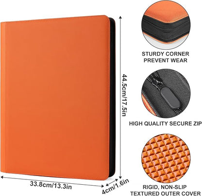 GEAoffice 16 Pocket Trading Card Binder for 1000+ Cards, Ringless Side-Loading 4x4 Card Binder with Zipper Closure, PU Leather 1024 Card Binder for MTG/TCG/Baseball/Sports&Game Cards, Orange