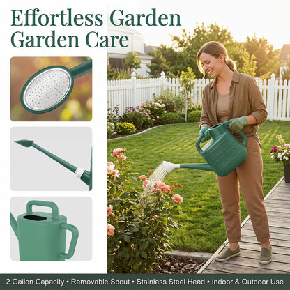 2 Gallon Resin Watering Can，Garden Outdoor with Removable Long Spout and Stainless Steel Sprinkler Head,Large Plastic Suitable for Garden, Indoor Plants, or Outdoor Flowers (Green) (10L)