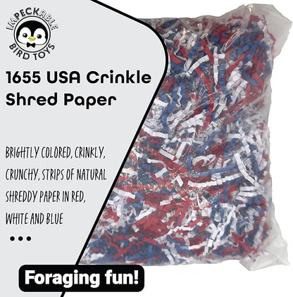 1655 USA Crinkle Paper Foraging Fill - 4oz Red White and Blue Shredded Crinkle Paper Filler - Bird Nesting - Safe Shreddable Enrichment for Parakeets, Cockatiels, Conures, African Greys & Macaws