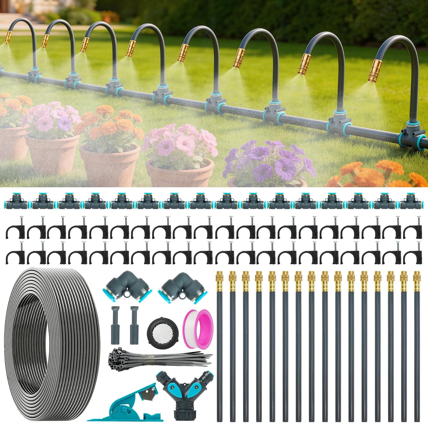360° Adjustable Drip Irrigation System 100FT,5/16" Garden Watering Kit with 16 Copper Nozzles,82Pcs Drip Irrigation Kit，Automatic Misting Sprinkler System for,Raised Bed, Patio, Lawn & Yard Care
