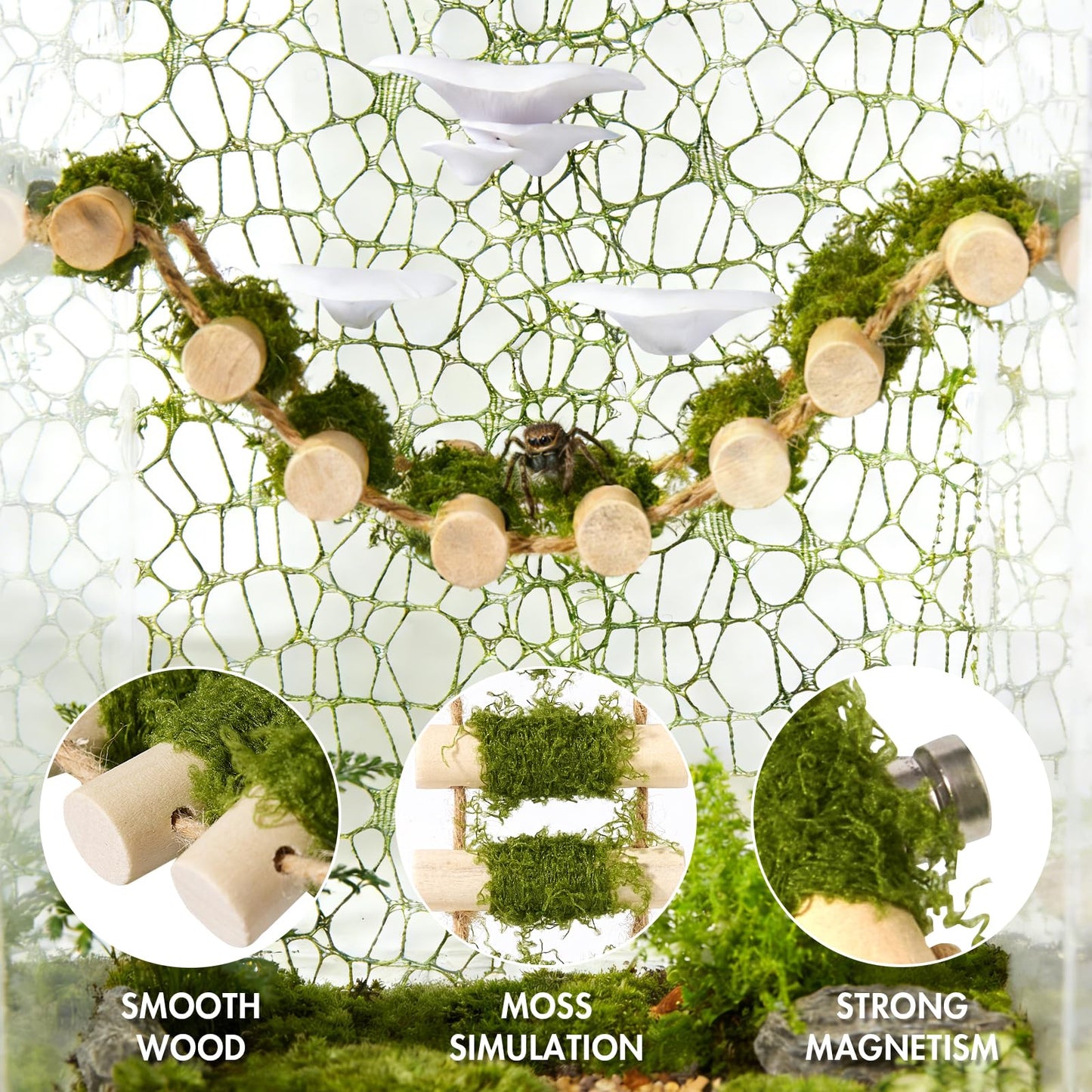 Swirge 6Pcs Jumping Spider Climbing Accessories Set, 1 Wooden Rope Bridge, 3 Mushroom Platform, 2 Climbing Net Decoration
