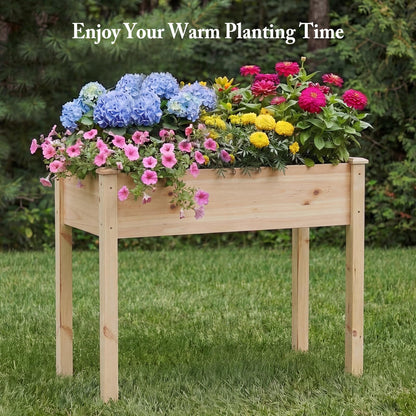 DUMOS Raised Garden Bed with Legs, 34x18x30 Inch Planter Box Outdoor with Liner for Herbs Flowers Vegetables, Elevated Wooden Garden Bed for Patio, Balcony and Backyard, Natural Wood