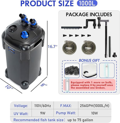 AMOSIJOY Canister Filter, Ultra-Quiet External Aquarium Filter with Free Media for Large Fish Tanks and Aquariums