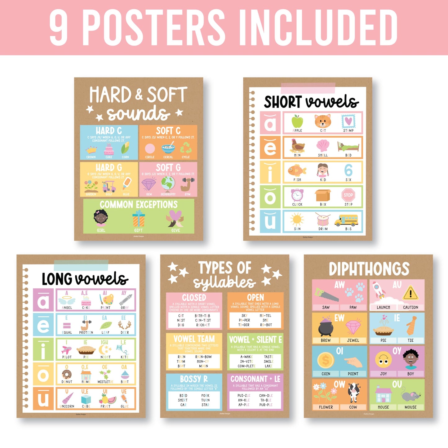 Hadley Designs Phonics Posters for Classroom Must Haves - 9 Sound Wall for Kindergarten & Elementary Teacher Supplies, Syllable, Vowels, Digraphs & Blends Bulletin Board Set, Kraft Classrom Decor