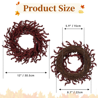 Briful 2 Pack Fall Berry Wreaths 12in Artificial Burgundy Foam Berry Wreath for Front Door Small Outdoor Fall Wreath for Autumn Home Wall Mantle Porch Thanksgiving Halloween Decor