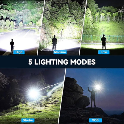 Kmivo Rechargeable LED Flashlight, 100,000 High Lumens Super Bright Tactical Flashlight, 5 Modes Adjustable Focus, Waterproof Powerful Handheld Flash Light for Camping Home Emergency (2 Pack)