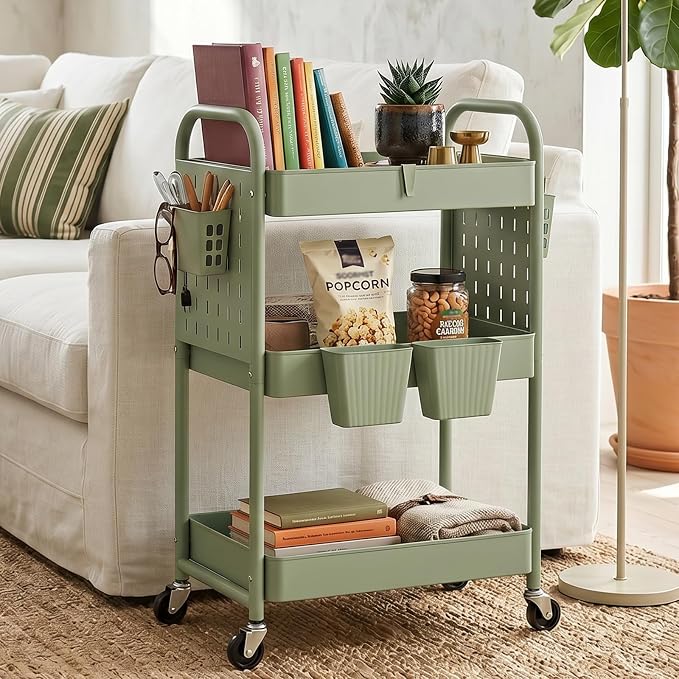 danpinera 3 Tier Rolling Cart with Retractable Dividers, Multi-Functional White Rolling Utility Cart with Pegboards, Hooks & Hanging Cups for Nursery, Living Room, Studio