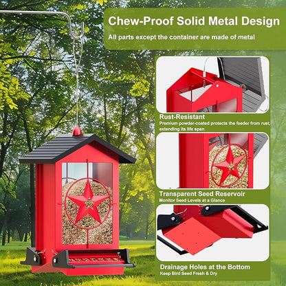 Squirrel Proof Bird Feeders for Outdoors with Weight-Activated, Metal 5LB Large Wild Bird Feeders for Cardinals,Blue Jay,Finch, Weatherproof Durable Hanging Bird Feeder for Backyard,Garden (Red)