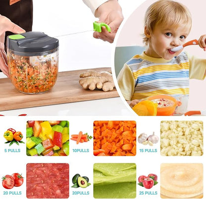 Manual Food Processor Vegetable Chopper, Portable Hand Pull String Garlic Mincer Onion Cutter for Veggies, Ginger, Fruits, Nuts, Herbs, etc., （900ml,Gray-green）