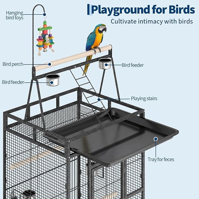 Extra Large 82-Inch Parrot Cage with Play Top – Heavy Duty Wrought Iron Flight Birdcage – Rolling Stand, Spacious Design, Rope Perch, Removable Tray, Powder-Coated Speckled Black
