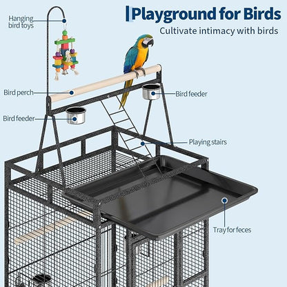 Extra Large 82" Parrot Cage with Play Top – Heavy Duty Wrought Iron Aviary, Rolling Stand, Secure Lock, Easy-Clean Removable Tray, Rope Perch – Spacious Bird Enclosure for Large Birds