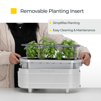 Permasteel Herb Garden Planter with Trellis Support, Self-Watering System with Water Level Indicator, Fits Multiple Herb Plants, for Basil, Flowers, Succulents, Indoor & Outdoor, White