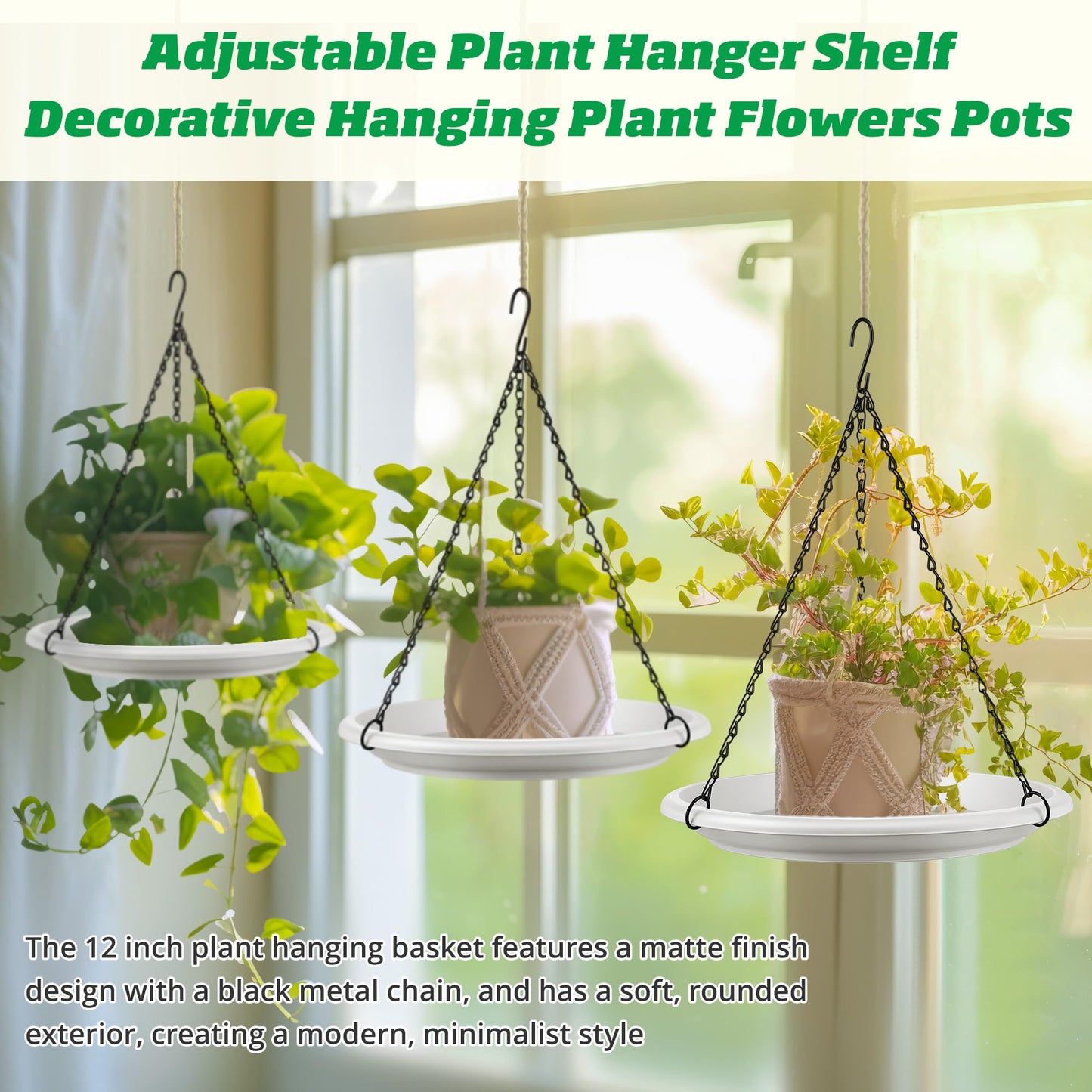 Hanging Planter for Indoor Outdoor Plants, 12" Plant Saucer with Basket Chains, Adjustable Plants Hanger Shelf Decorative Hanging Plant Flower Pot for Window Wall Ceiling Home Decor (5 Pcs,White)