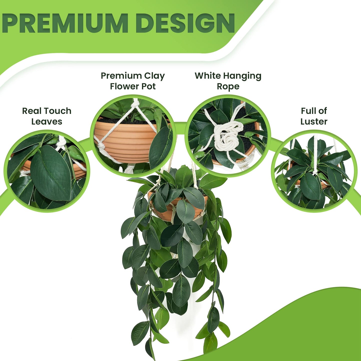 Hisow Hanging Plants Artificial Decor, Fake Hanging Plant in Clay Pot Artificial Hanging Plants with Fake Leaves and Hook for Wall Home Room Indoor Outdoor Décor (Dark Green)