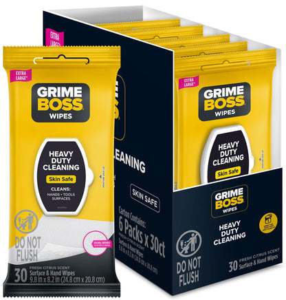 Grime Boss Heavy Duty Wipes (6 x 30ct) | Wet Wipes Used for Hands, Equipment, Tools, Garden, Automotive| Easily Removes Oil, Grease, & Dirt