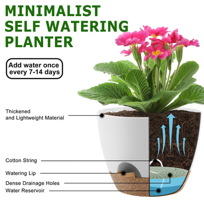 QRRICA Plant Pots 10/9/8/7.5/7 Inch Self Watering Pots, Set of 5 Plastic Planters with Drainage Holes and Saucers,Plastic Flower Pots,Nursery Planting Pot for Indoor Out Door Plants（White）