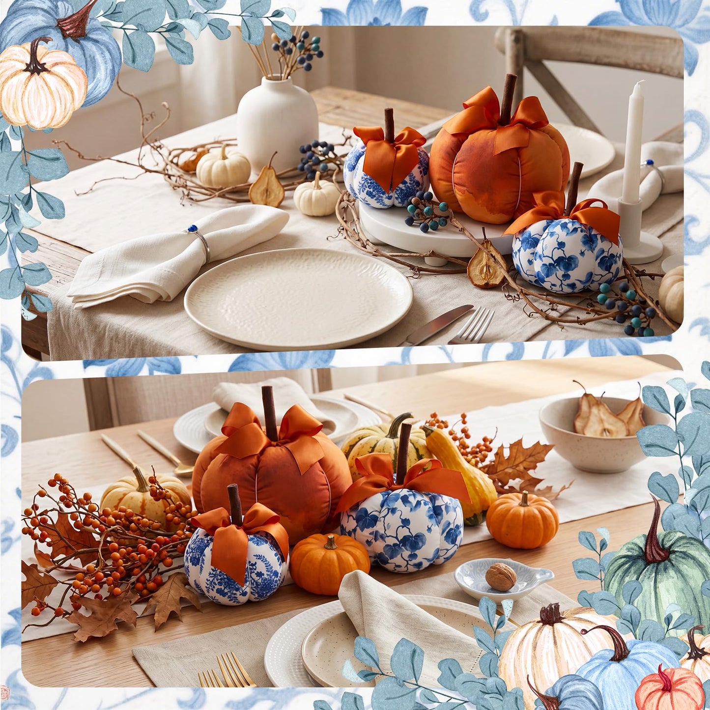 Frienda 3 Pcs Blue White Orange Fabric Pumpkins Chinoiserie Thanksgiving Decor Rustic Pumpkins Blue and White Porcelain Faux Fall Decor for Autumn Harvest Farmhouse Wedding Table Centerpiece Mantel