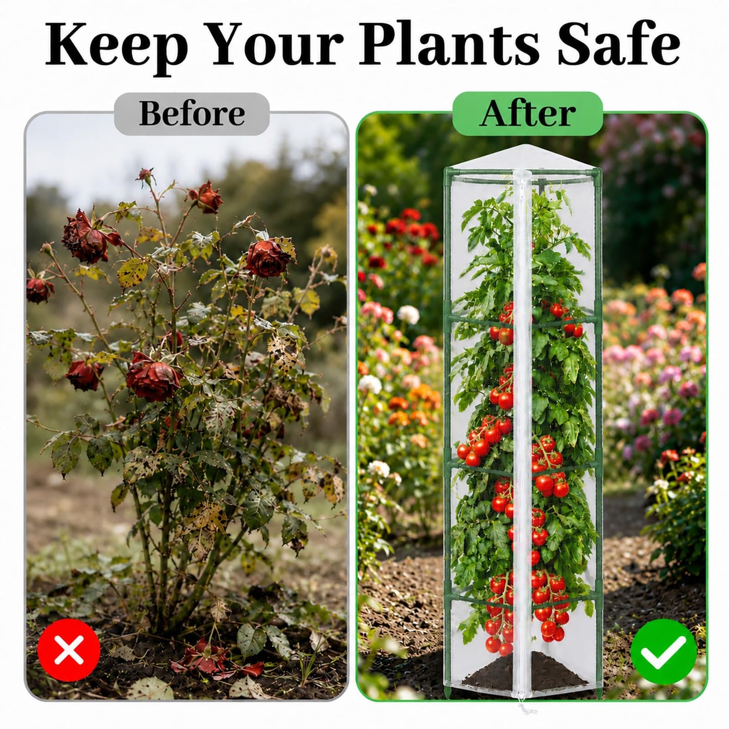 Halatool Garden Tomato Plant Cover Netting, Fits 55–72" Tall Tomato Cages, Garden Bird Netting with Zipper & Drawstring, Insect Barrier, Plant Covers from Insects Animals, 2 Pack, 61"×15.7"