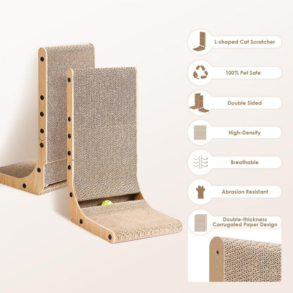 EHEYCIGA Cardboard Cat Scratcher for Indoor Cats, 26.8 Inch L Shaped Vertical Cat Scratching Board with Ball Cat Toy, Large Cat Scratcher Pad, Brown