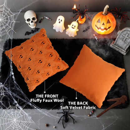 decorUhome Fall Halloween Ghost Pillow Covers 18x18 Inch Pack of 2 Soft Plush Faux Wool Textured Throw Pillow Covers Cute 3D Ghost Decorative Cushion Cases for Couch Sofa Bedroom Home Decor, Orange