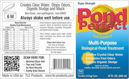 TLC PondPerfect Natural Pond Bacteria Treatment – Improves Clarity, Digests Sludge & Odors – Safe for Fish & Koi – Non-Chemical, Easy Liquid Dosing. 32 oz (946 ml).