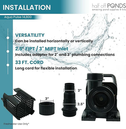 HALF OFF PONDS Submersible Water Pump, 14,800 GPH Pond Pump with 33FT Power Cord and 35.5FT Max Head, 1,100W Ultra Quiet Energy Efficient Pump for Koi Pond, Fountain, Waterfall, Water Garden, Skimmer