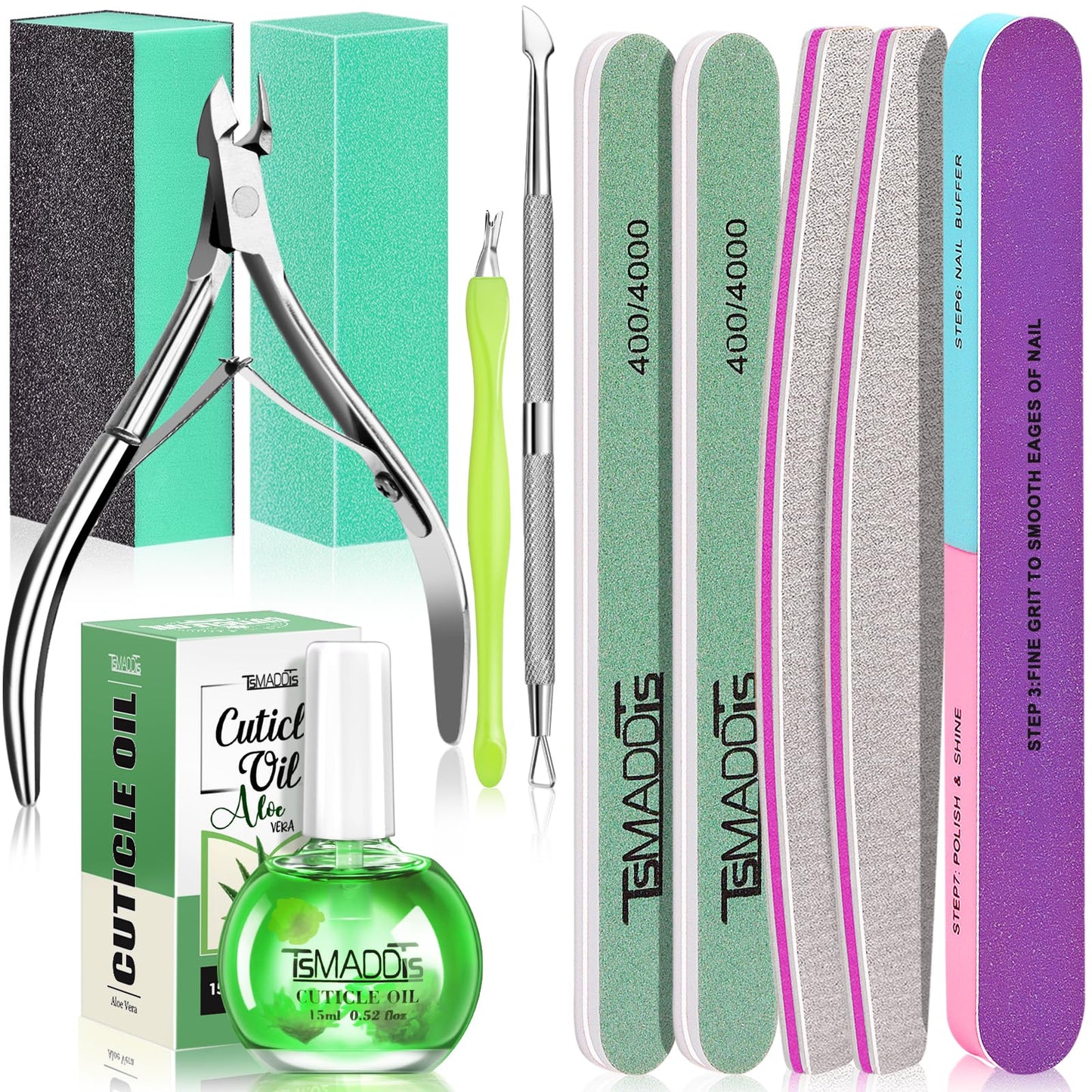 TsMADDTs Manicure Tools Kit Nail Care Kit with 3PCS Files, 2PCS Buffer Blocks, 2PCS Polishing Buffers, Cuticle Nipper, Pusher and Cuticle Oil