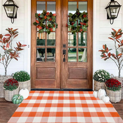 WAYYE Buffalo Plaid Outdoor Rug 3x5 Ft Orange and White Checkered Area Rug Halloween Washable Doormats Fall Indoor Outdoor Rugs for Layered Front Door Mats, Porch, Entryway, Kitchen, Farmhouse