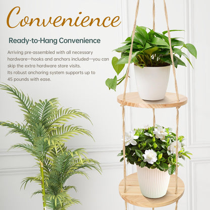 Hemp Rope Hanging Plant Shelf from Ceiling for Narrow Space or window Boho Hanging plant Shelves, Natural Pine Wooden Plant Stand Display for Indoor, Outdoor, Corner, Balcony, Living Room and Bedroom