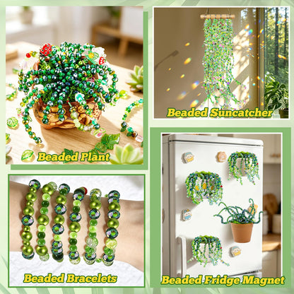 FOGWOWO 2628 Pcs Beaded Plant Kit Green Beads for Beaded Plants,Forever Plant Kit Green Glass Beads Plant Beads for Plants Making,Glass Leaf Bead for Jewelry Making DIY Crafts