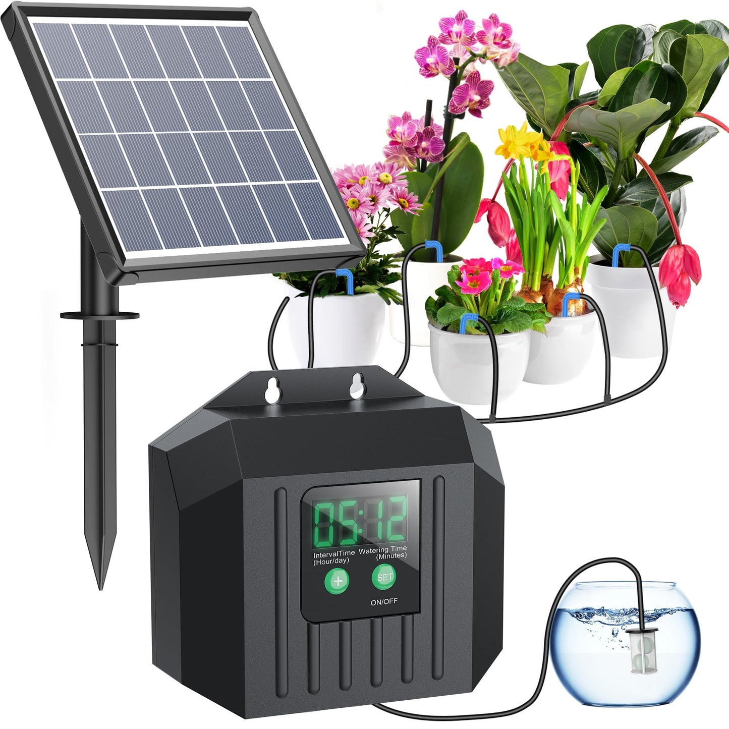 Biling 3W Solar Powered Drip Irrigation System, Digital Programmable Automatic Watering Kit with 2200mAh Battery for 15 Potted Plants, Indoor/Outdoor Use for Garden, Patio, Greenhouse