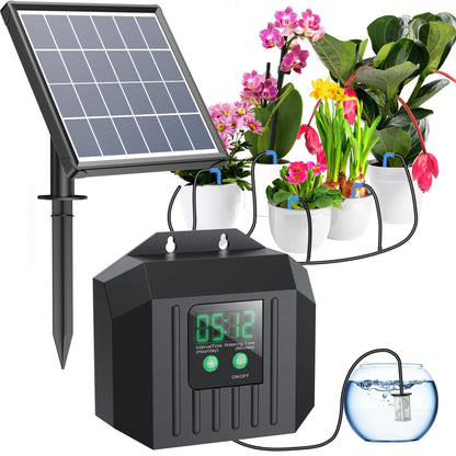 Biling 3W Solar Powered Drip Irrigation System, Digital Programmable Automatic Watering Kit with 2200mAh Battery for 15 Potted Plants, Indoor/Outdoor Use for Garden, Patio, Greenhouse