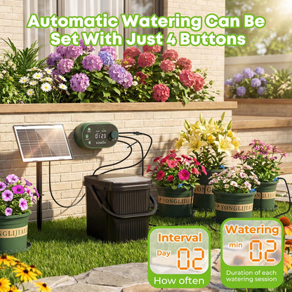 Solar Drip Irrigation System Kit, Auto Watering Kit for 15 Pots, 3W Solar Powered Auto Easy DIY Watering Device,22 Timing Modes with with Anti-Siphoning Device & Buckets and Flower Pots