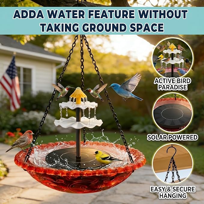 Solar Cascade Hanging Bird Bath Fountain, Solar Fountain Pump with 8 Nozzles, Hanging Bird Bath with Water for Outdoors Garden Patio Backyard Lawn Decor (Gray)