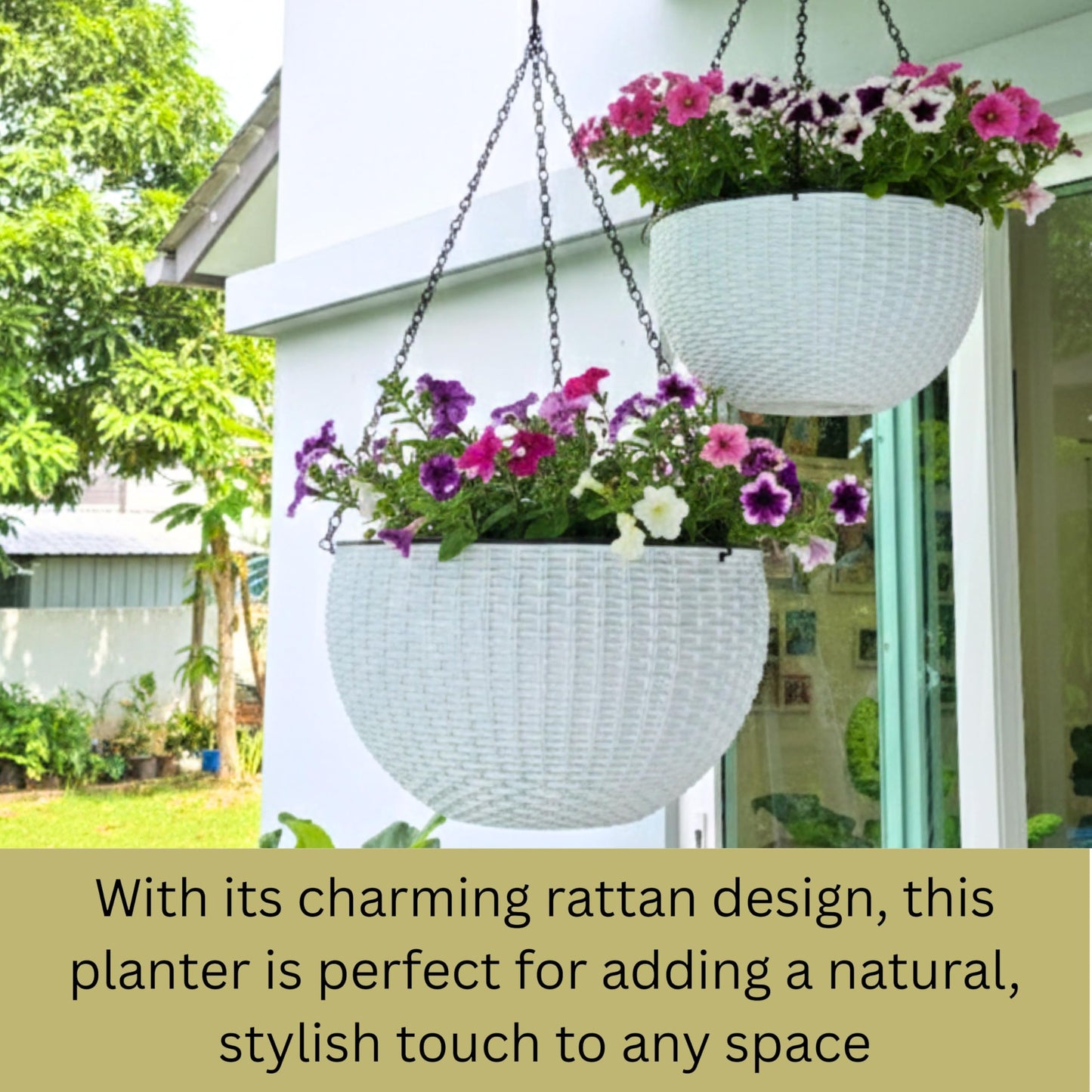 LaLaGreen Bundle- 4 Pack, 11 Inch Self Watering Hanging Basket + 2 Pack, 14 Inch White Rectangular Planter Window Flower Box with Bracket Round Plant Pots Outdoor Balcony Patio Porch Deck Garden Decor