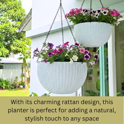 LaLaGreen Bundle- 4 Pack, 14 Inch Rectangular Self Watering Planter + 2 Pack, 11 Inch Round Self Watering Basket Rattan Style Balcony Flower Pot Window Wall Mount Plants Boxes Modern Home Garden Decor